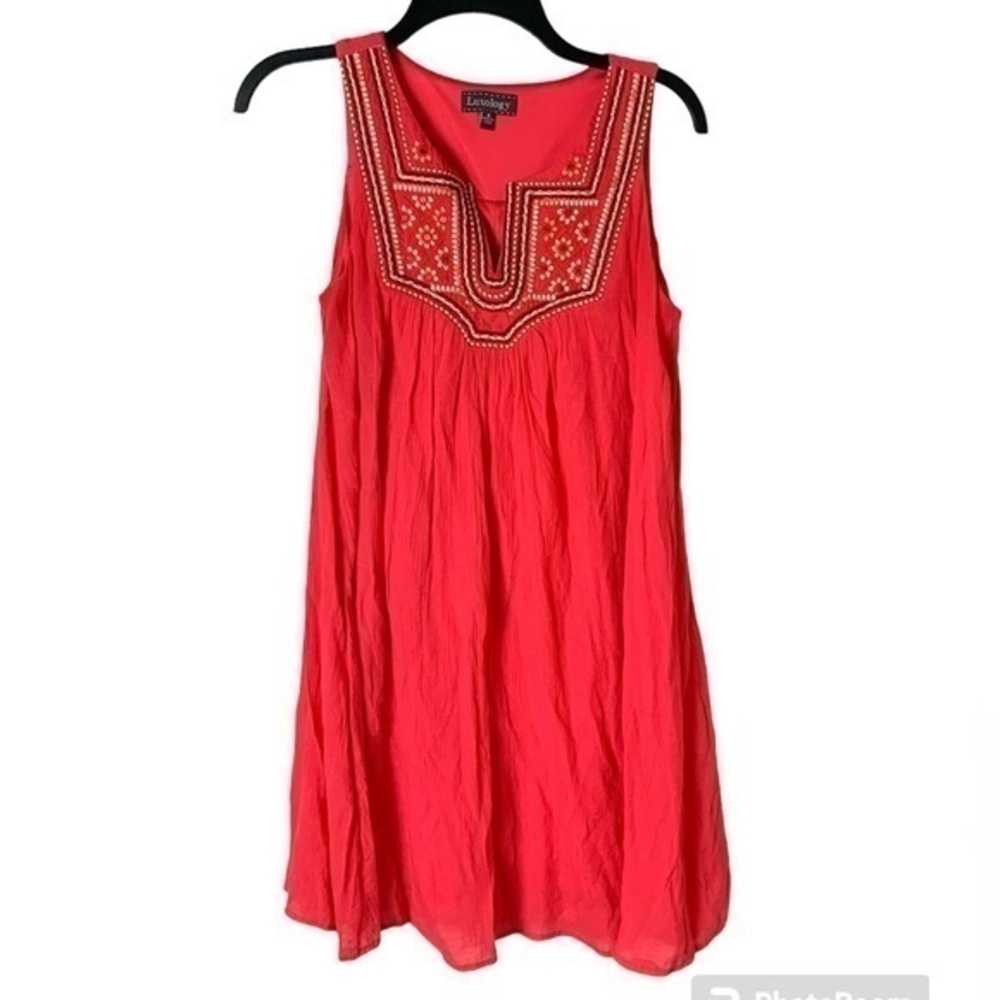 Luxology Boho Embroidered Mini Dress Red Summer Beach Vacation Hippie Size 8